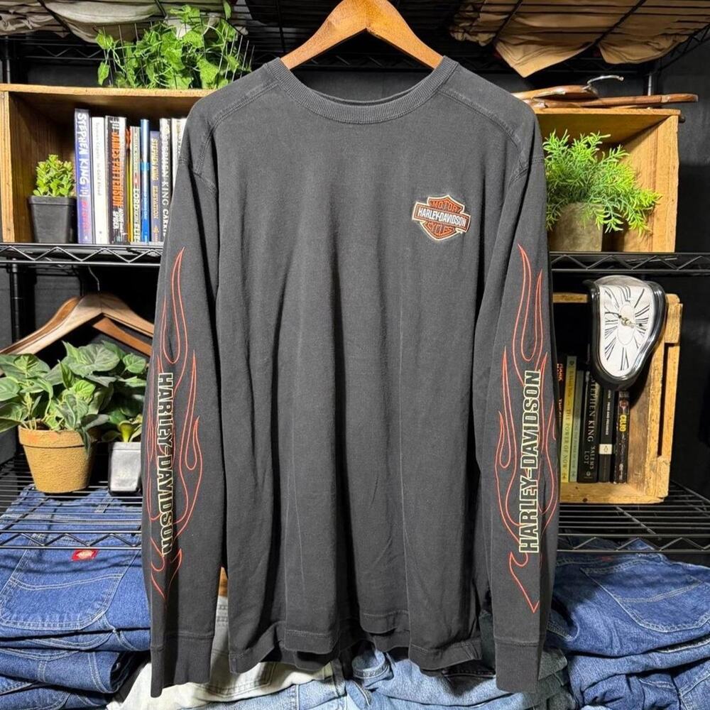 Vintage Y2K Harley Davidson Flames Sleeve Hits Biker Tee Black Orange Shirt XL